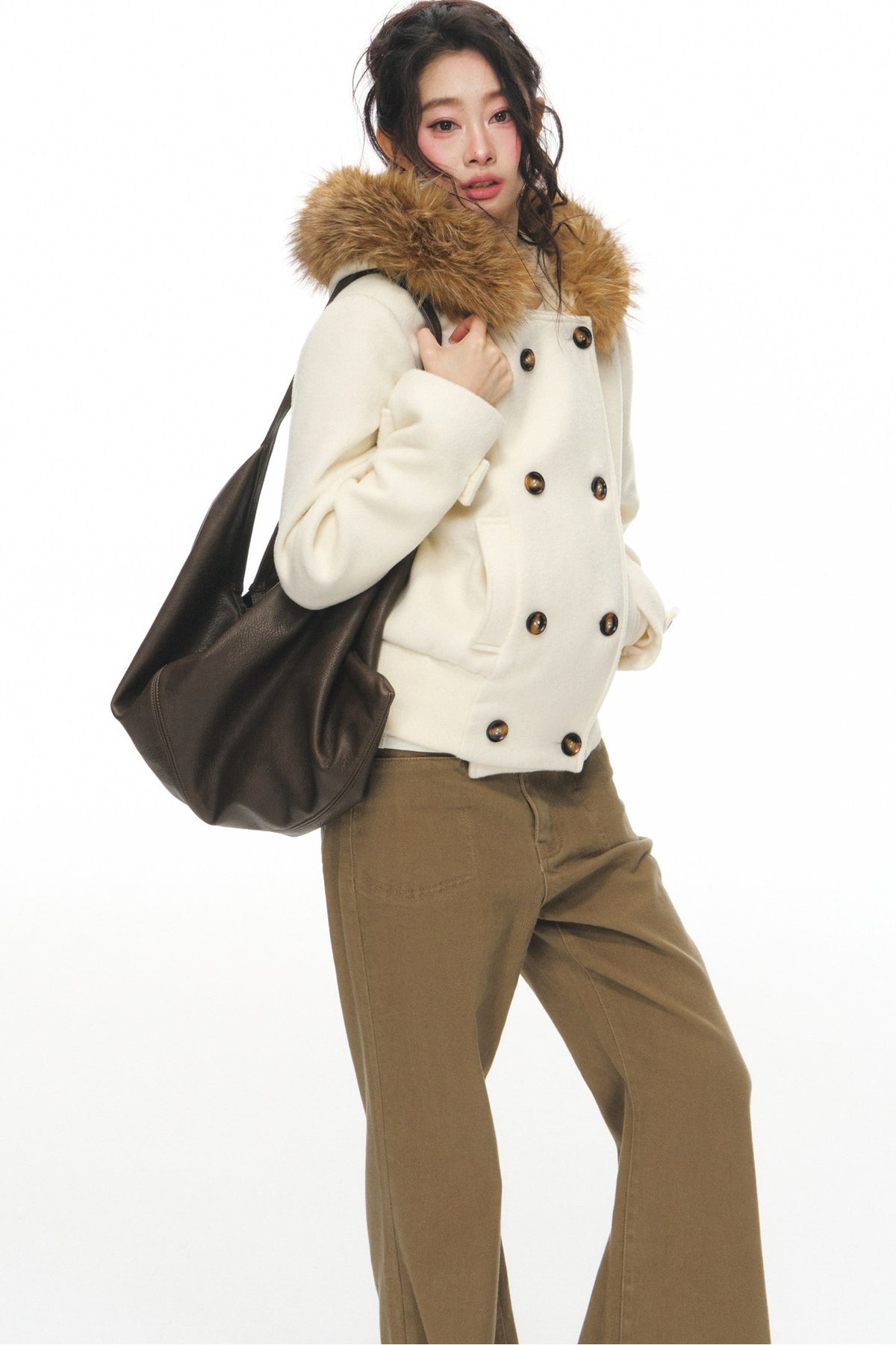 Wool Double-Breasted Fur Collar Coat Set-Up