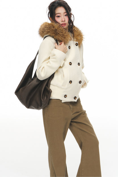 Wool Double-Breasted Fur Collar Coat Set-Up