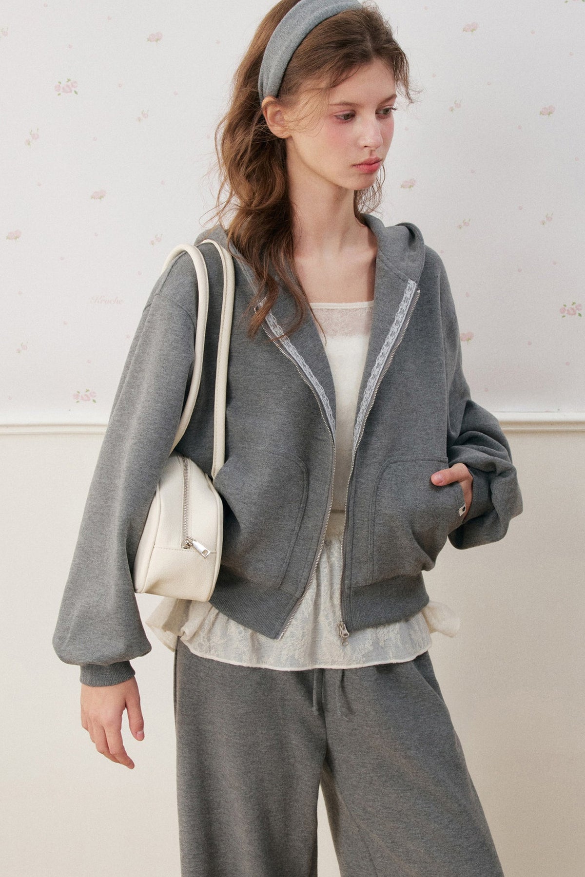 Lace Trim Double Zipper Hooded Jacket and Drawstring Pants Set-Up
