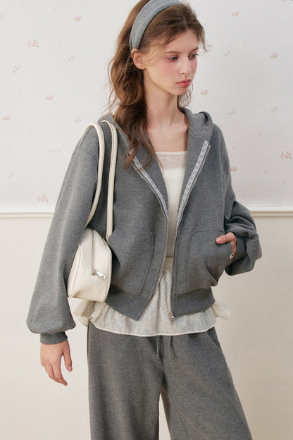 Lace Trim Double Zipper Hooded Jacket and Drawstring Pants Set-Up