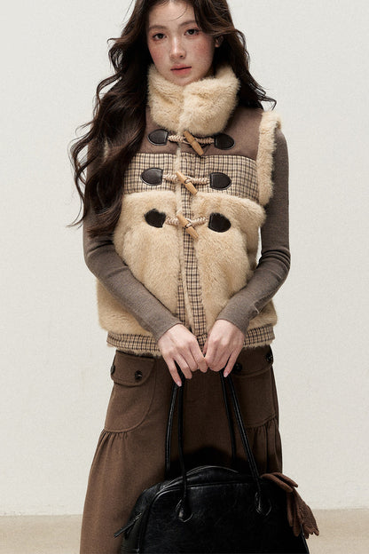 Retro Plaid Faux Fur Toggle Vest