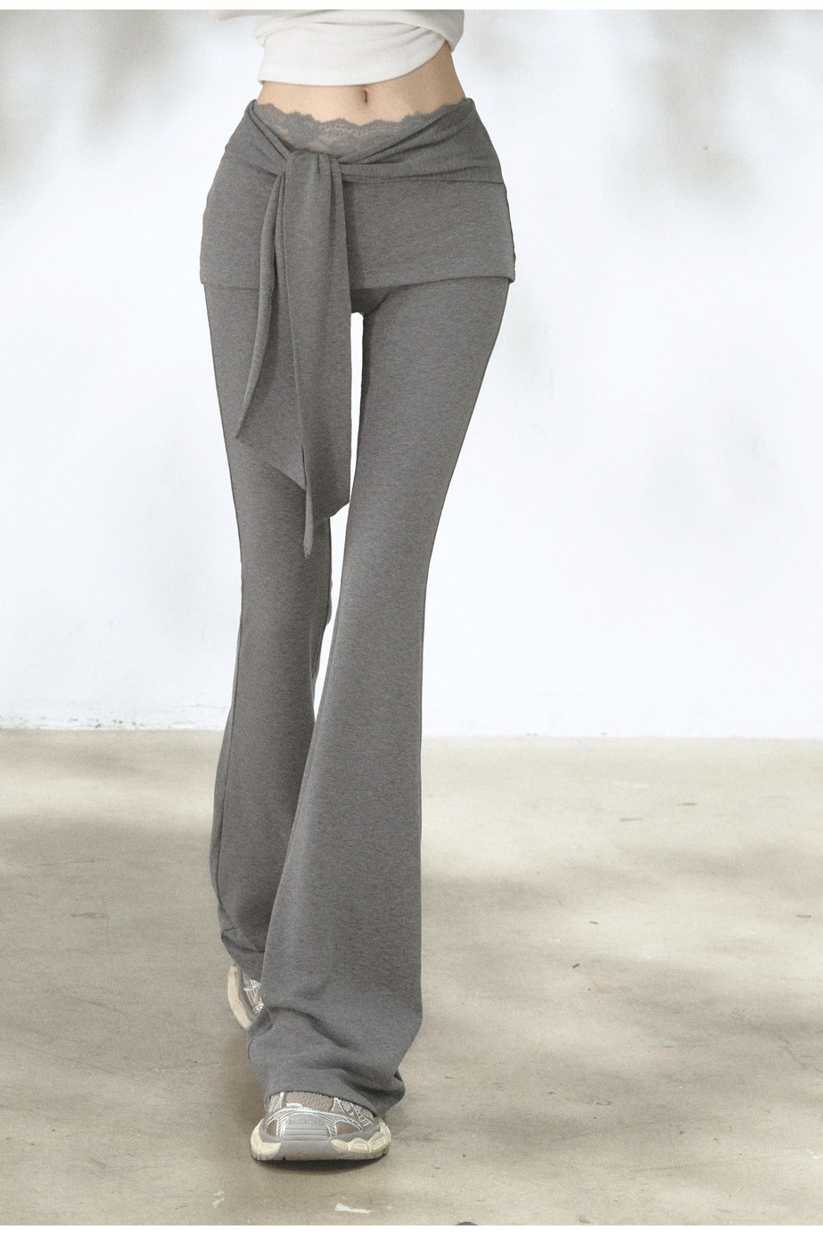 Fold-Over Waist Lace Tie-Up Flared Pants