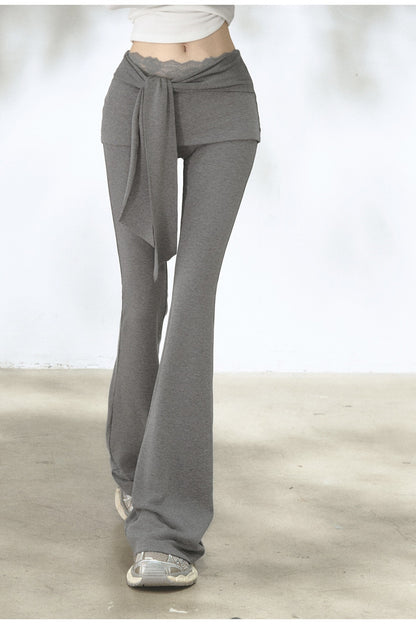 Fold-Over Waist Lace Tie-Up Flared Pants