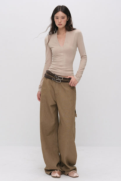 Deep V-Neck Ribbed Knit Top