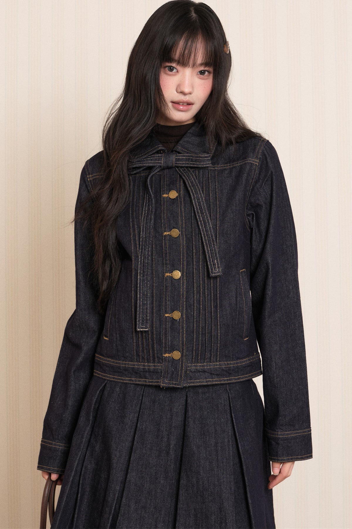 Washed Denim Lapel Tie Jacket
