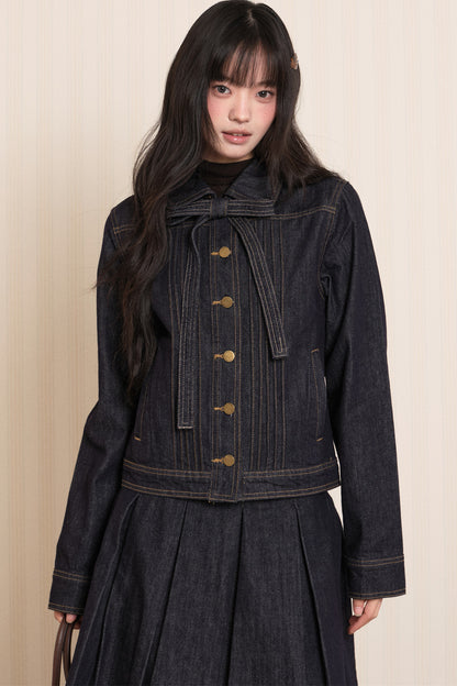 Washed Denim Lapel Tie Jacket