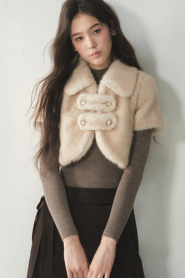 Short-Sleeved Faux Fur Double-Breasted Jacket