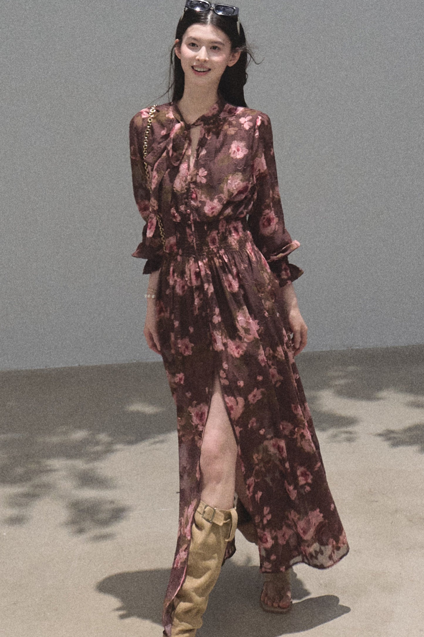 Long Sleeve Chiffon Floral Tie Waist Dress