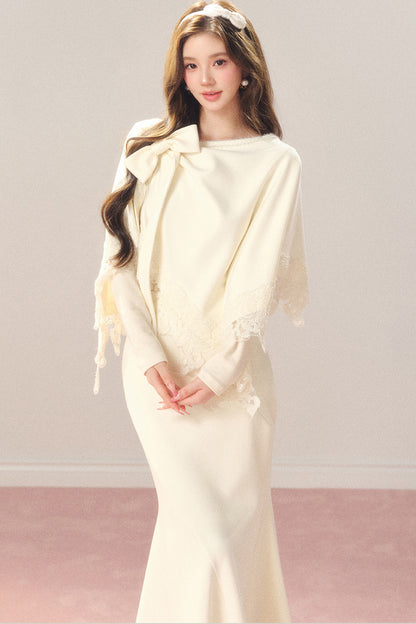 Artistic Bow Lace Knit Cape and Skirt Set-Up