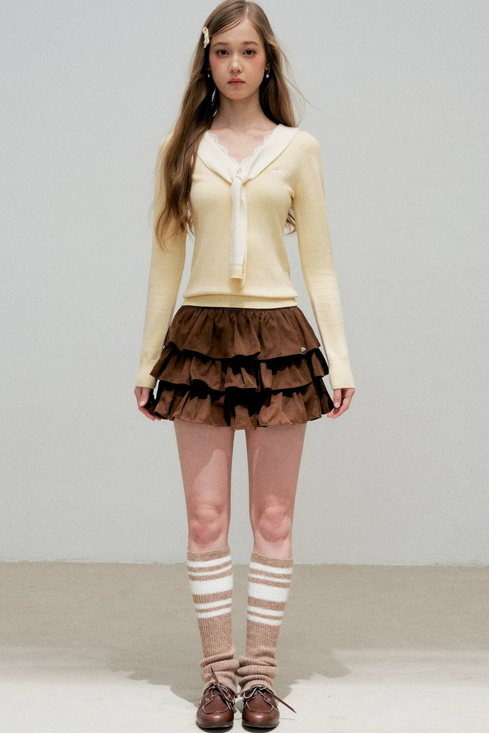 Cream Contrast Lace Tie Knit Sweater