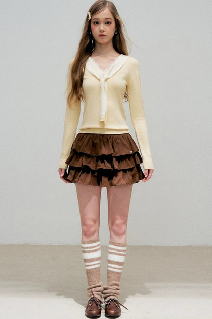 Cream Contrast Lace Tie Knit Sweater