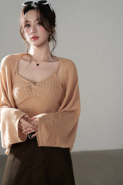 V-Neck Knitted Cardigan and Camisole Set-Up