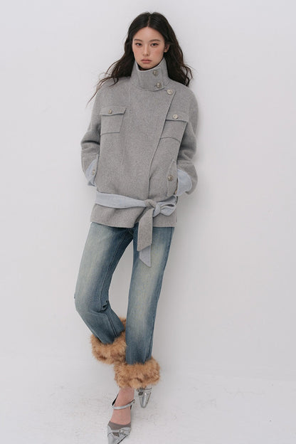 Belted Stand Collar Wool Coat