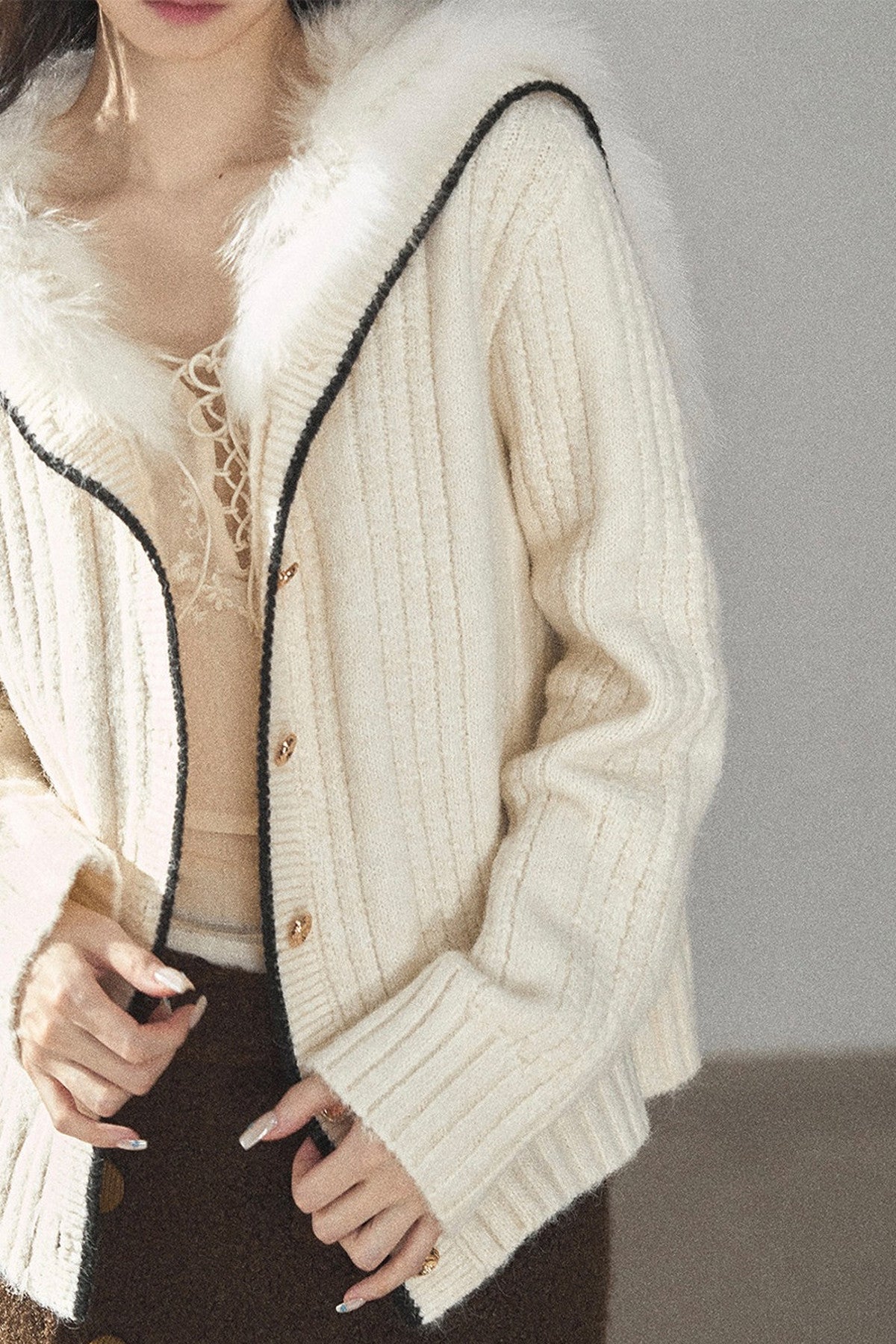 Navy Collar Wool Ribbed Striped Cardigan