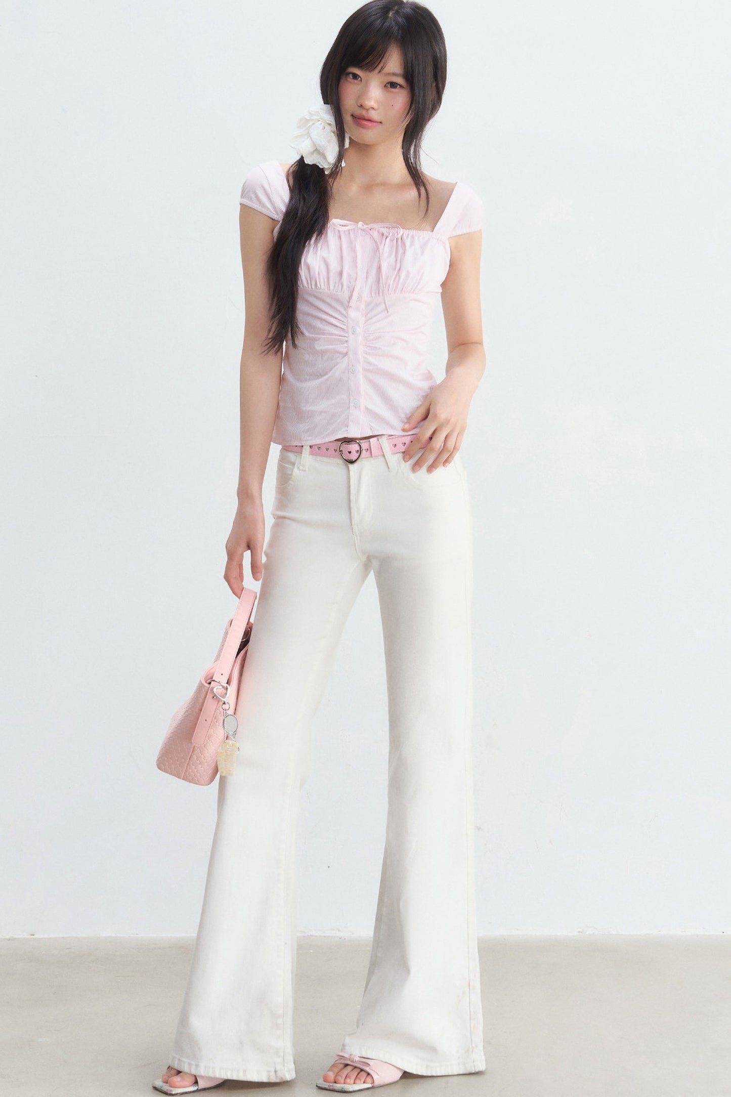 Pink Pleated Square-Neck Shirt and White Pants Set