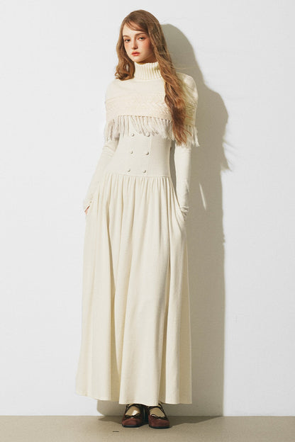 Knitted Sweater Cape and Double-Breasted Dress Set-Up