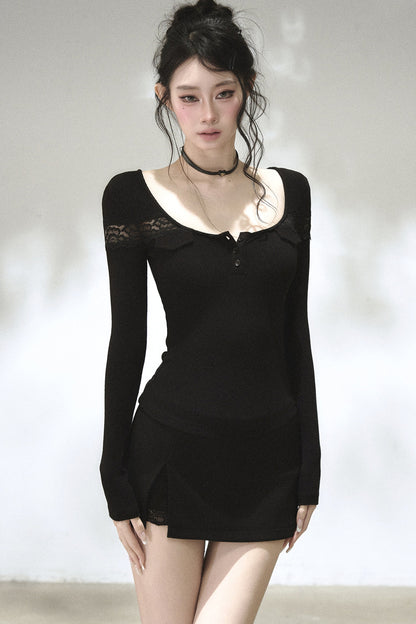 Geripptes Langarm-T-Shirt mit Spitze