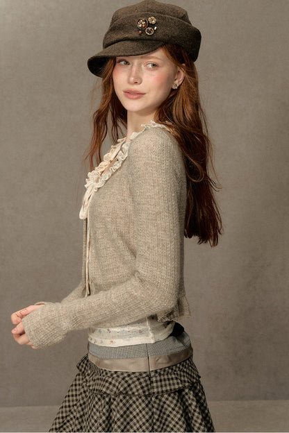 Ruffled Knit Cardigan With Camisole