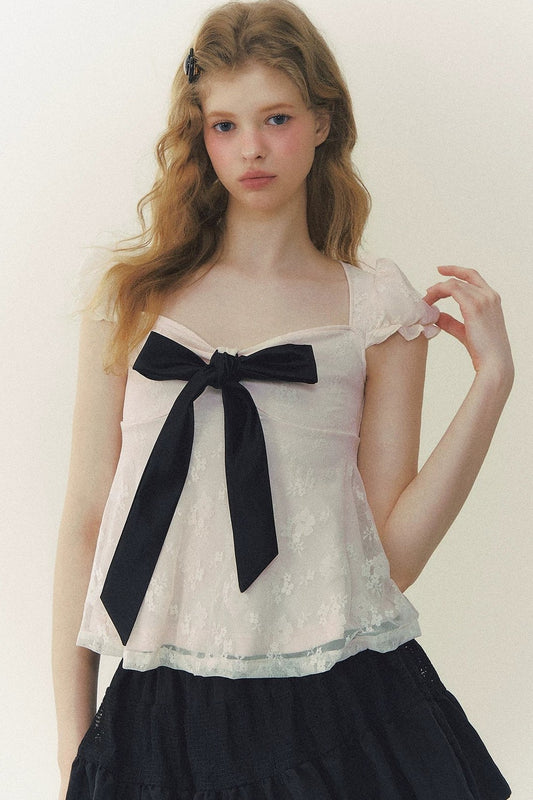 Square Neck Bow Lace Top