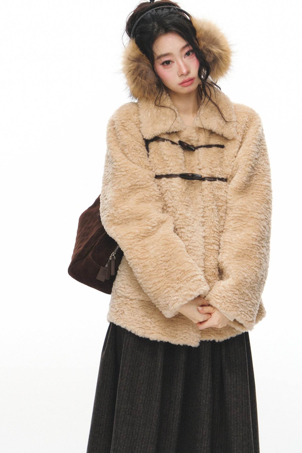 Fur Collar Horn Button Jacket Skirt Set-Up