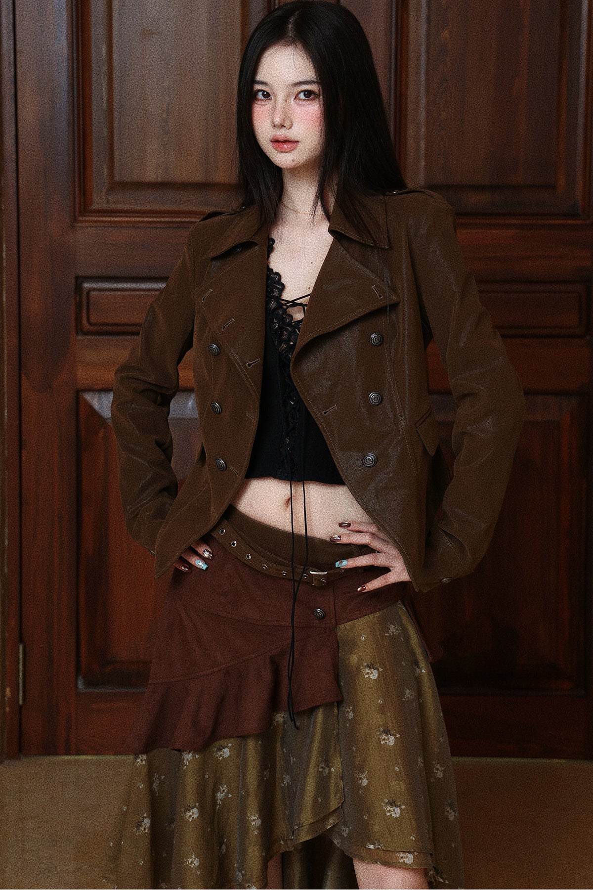 Textured Long-Sleeve Leather Jacket