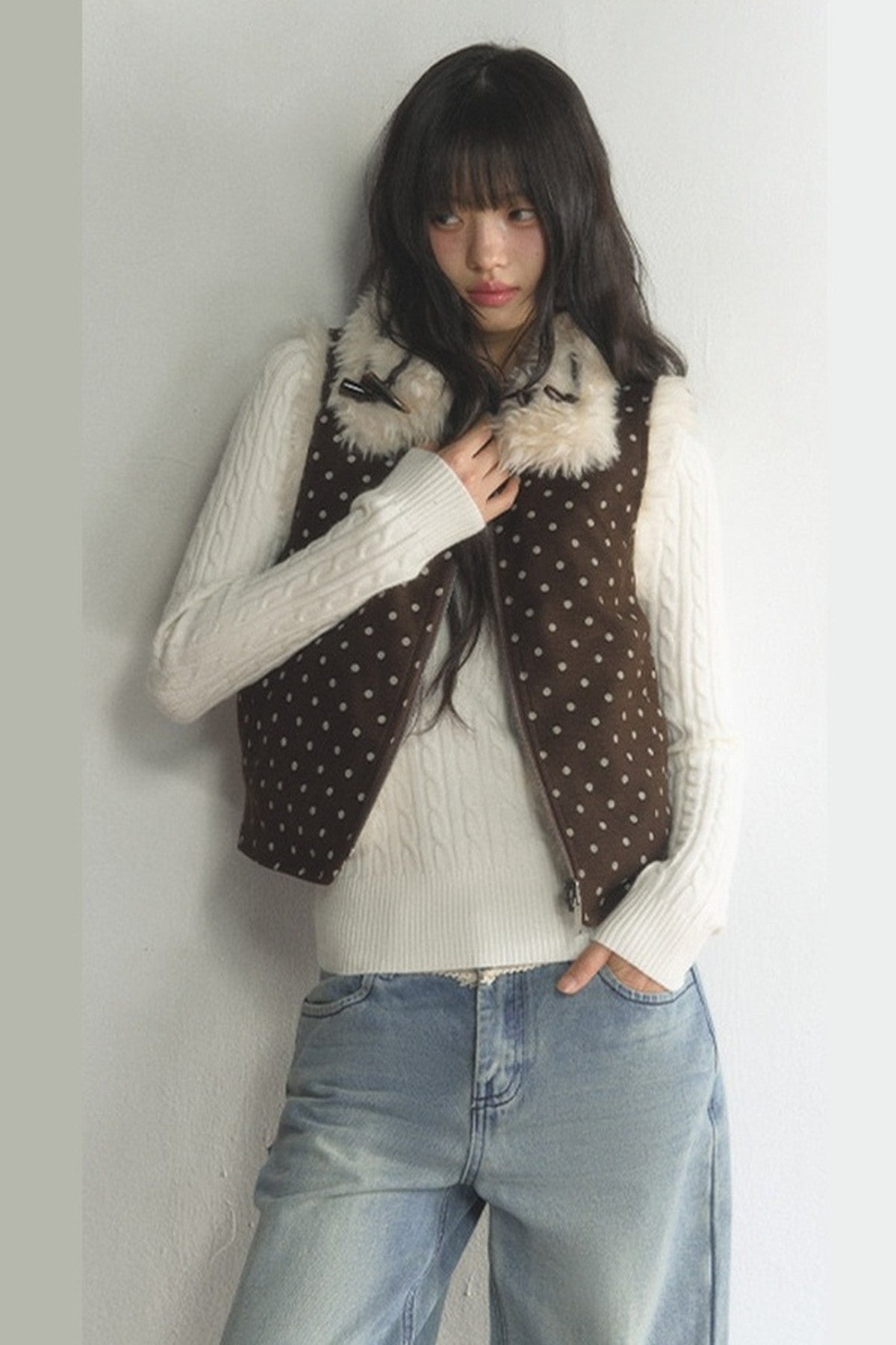 Retro Polka Dot Fur Collar Vest and Pants Set-Up