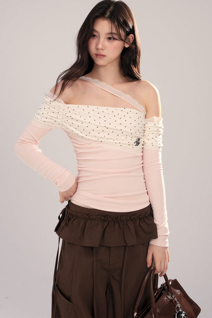 Polka Dot Spliced Lace Off-Shoulder T-Shirt