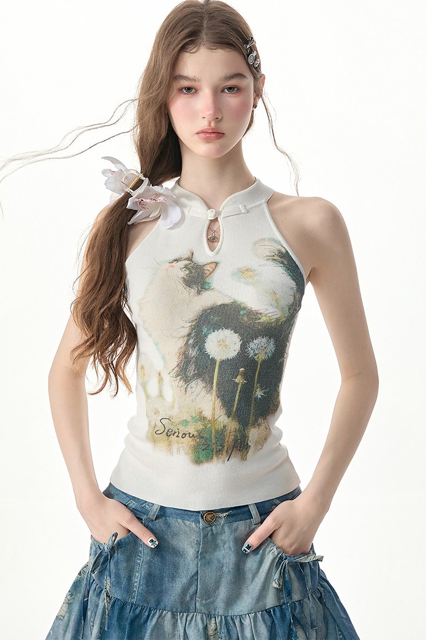 White Knit Cat Print Halter Top