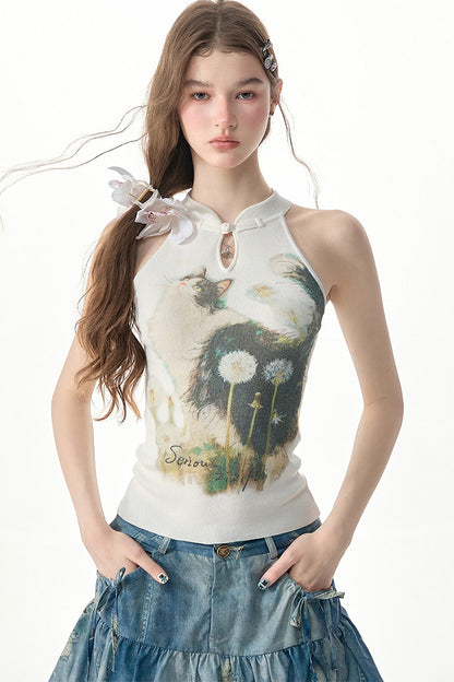 White Knit Cat Print Halter Top