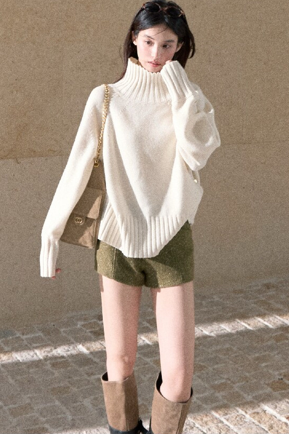 Gold Thread Wool Blend High-Waisted Shorts
