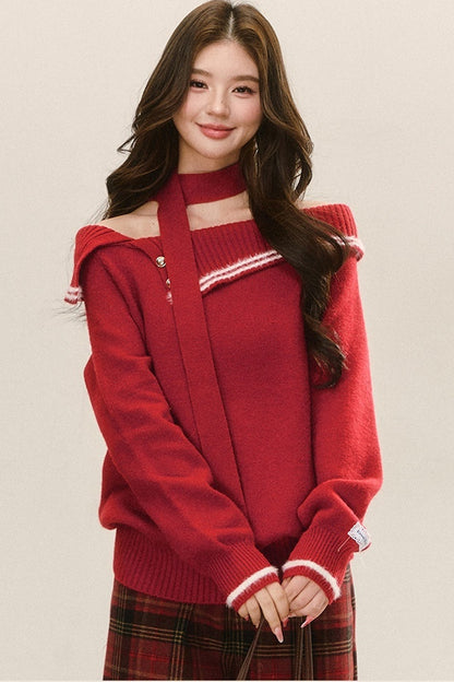 Ensemble pull tricoté rouge à épaules dénudées