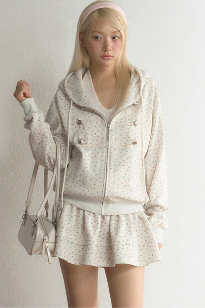 Floral Hooded Cardigan and Skirt Set-Up