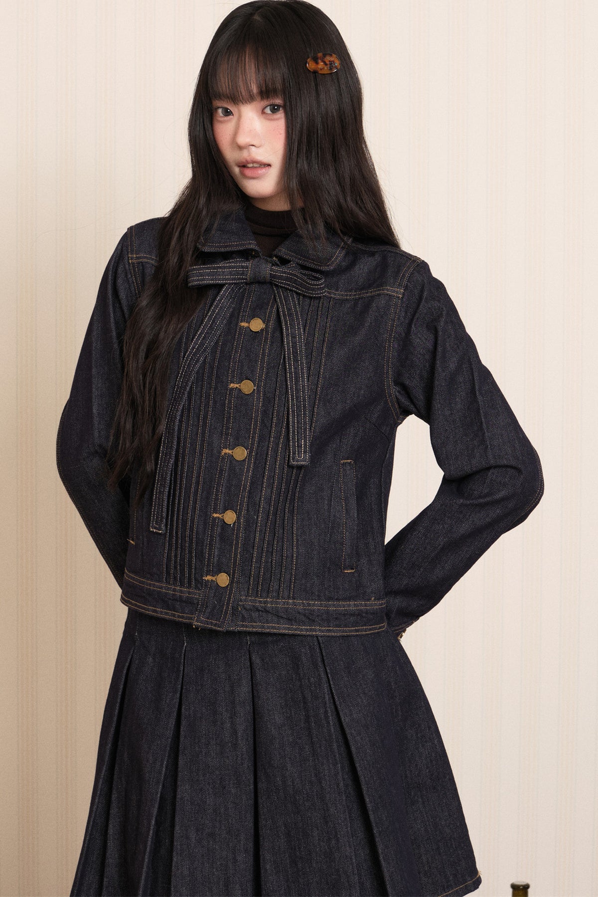 Washed Denim Lapel Tie Jacket