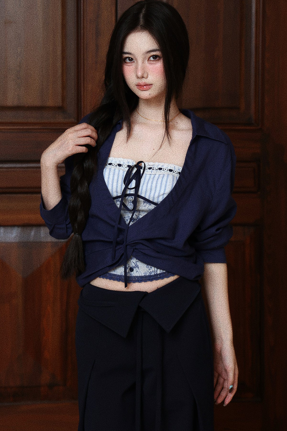 Navy Blue Knot Long Sleeve Shirt Set-Up