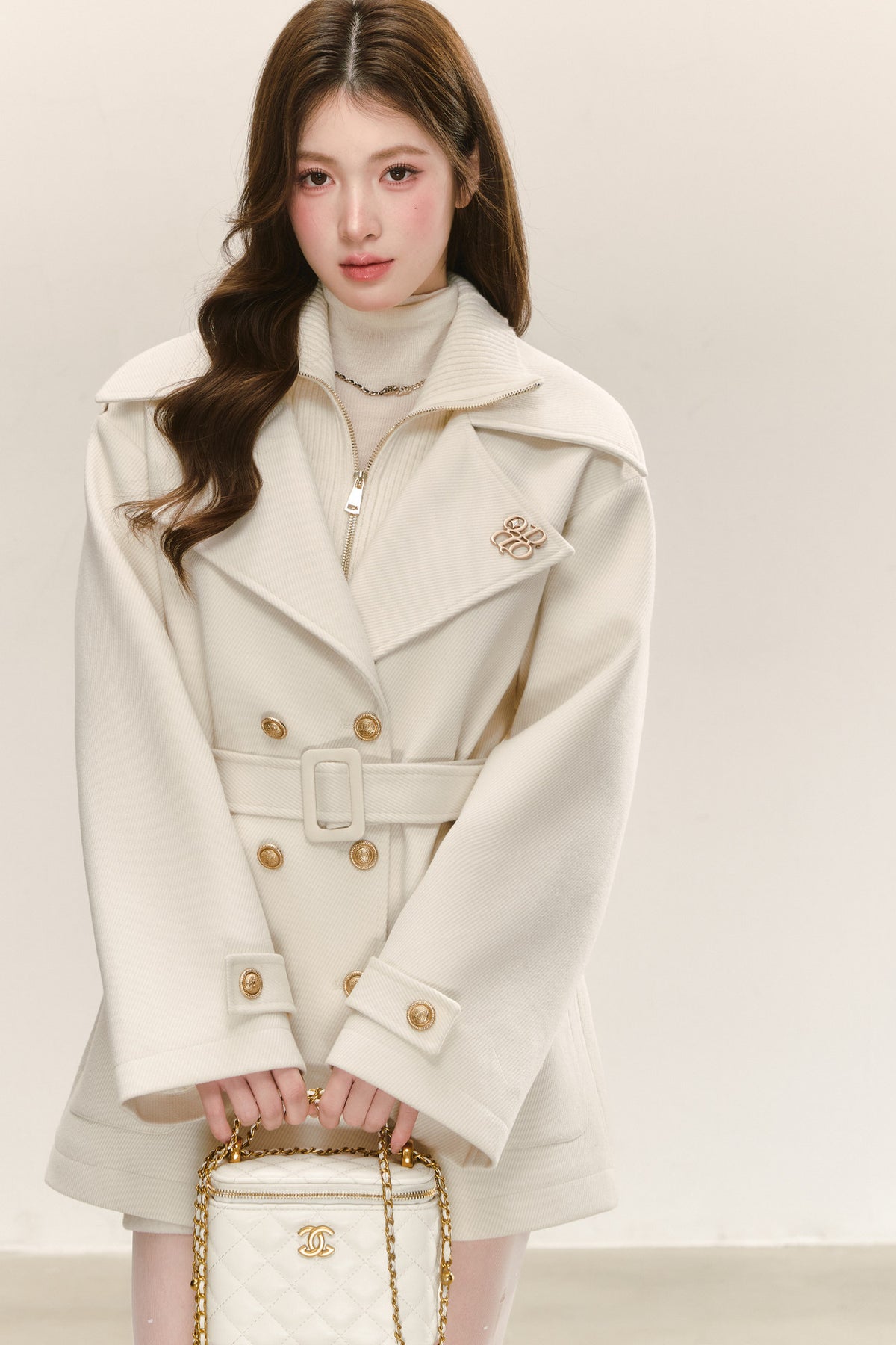 Double-Layer Lapel Tie-Waist Cotton Coat