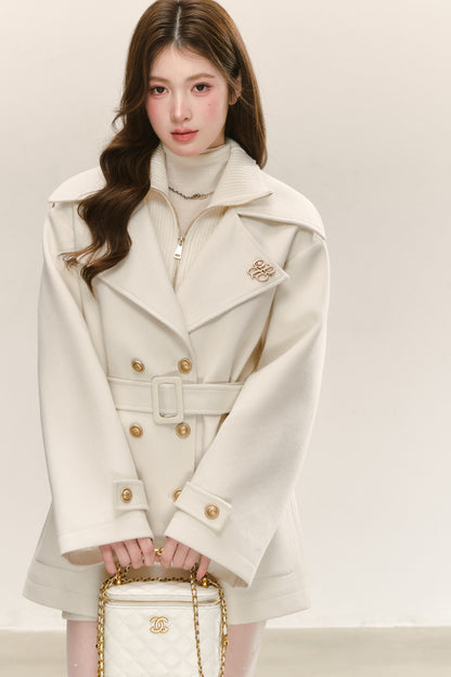 Double-Layer Lapel Tie-Waist Cotton Coat