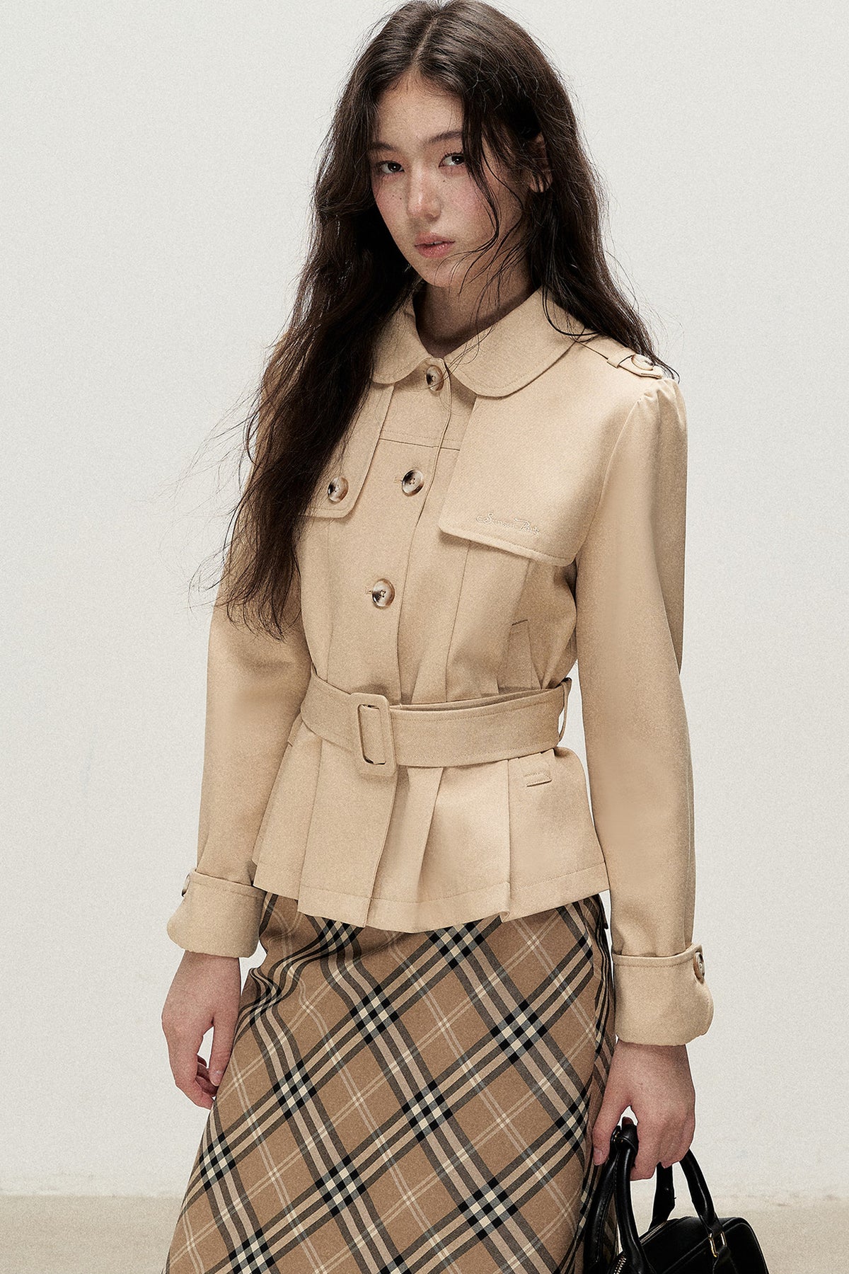 Pleated A-Line Short Trench Coat