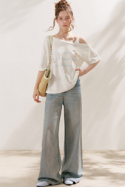 Silver Embellishment Straight Wide-Leg Loose Jeans