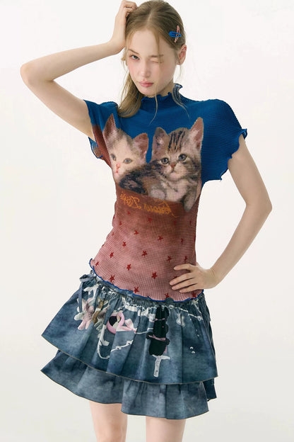 Blusa a blocchi di colore con stampa di gatti