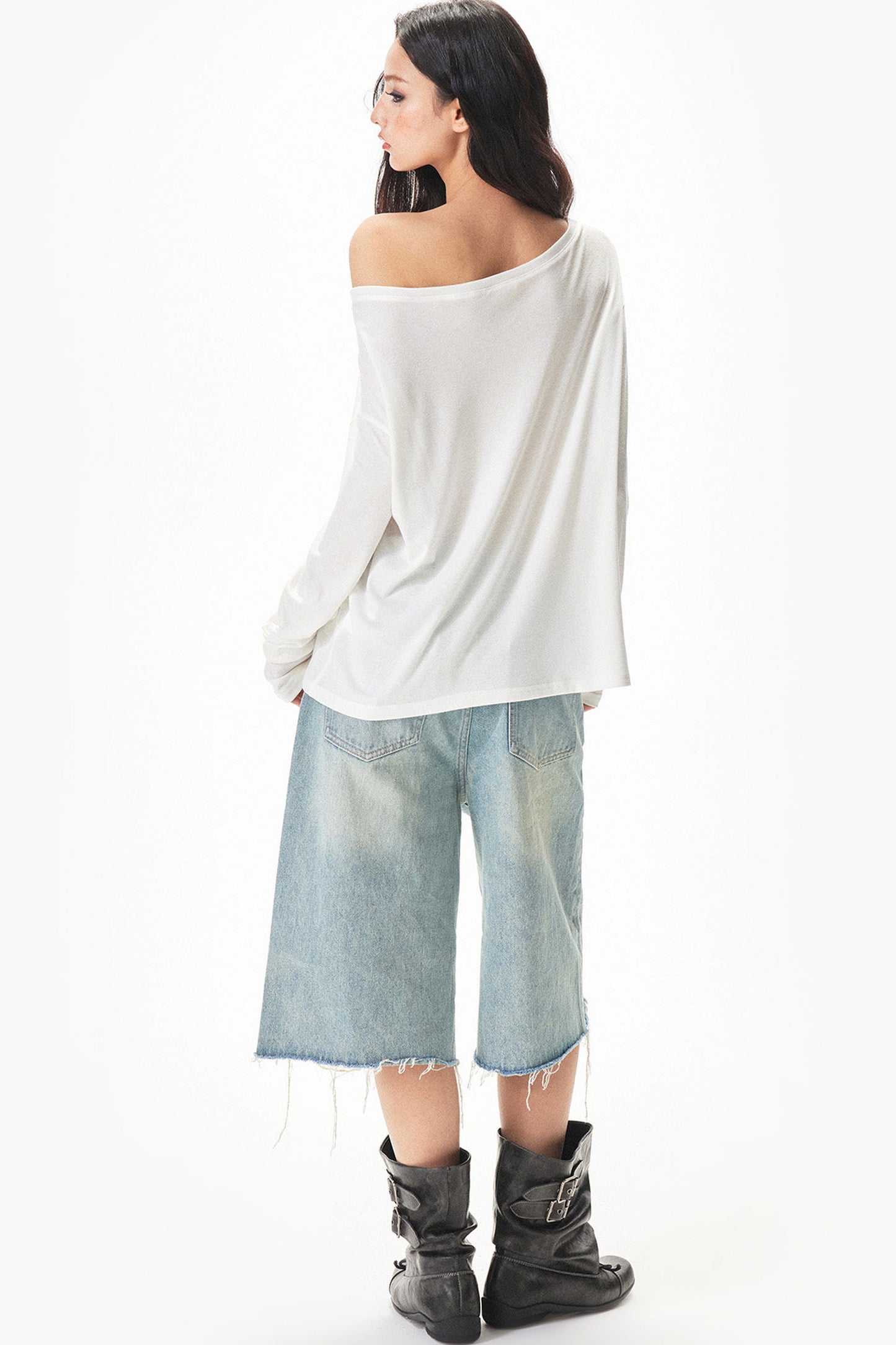 Watercolor Print Off-shoulder Long Sleeve Top