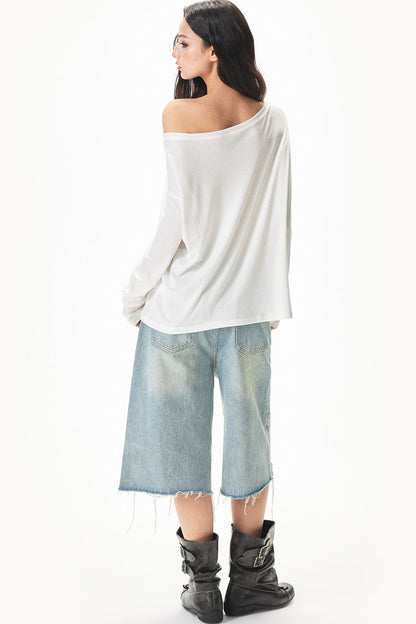 Watercolor Print Off-shoulder Long Sleeve Top