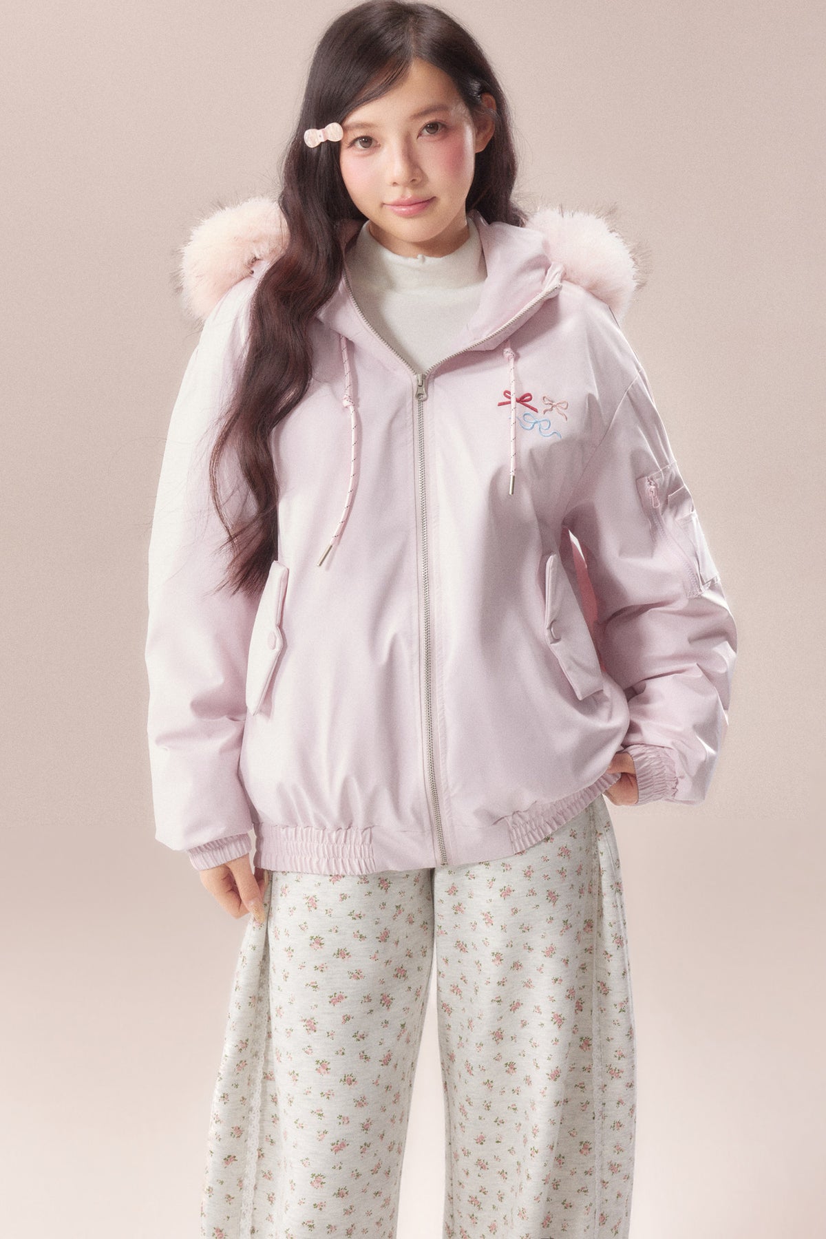 Embroidered Bow Fur Hood Down Jacket