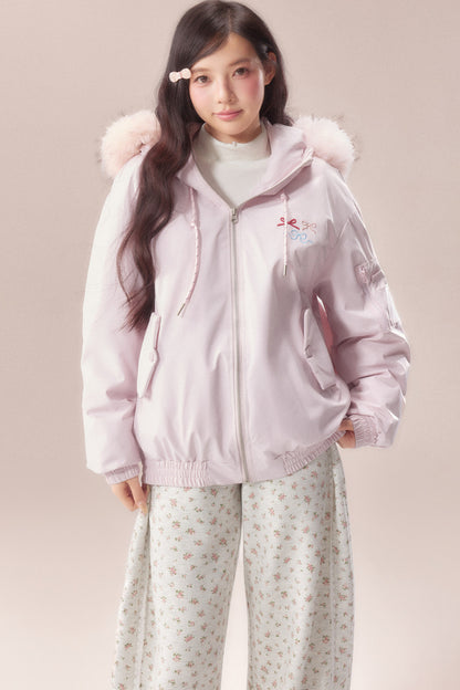 Embroidered Bow Fur Hood Down Jacket