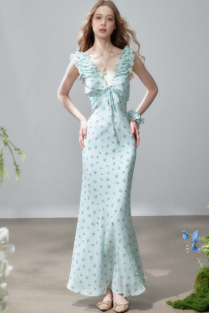 V-Neck Floral Fishtail Dress