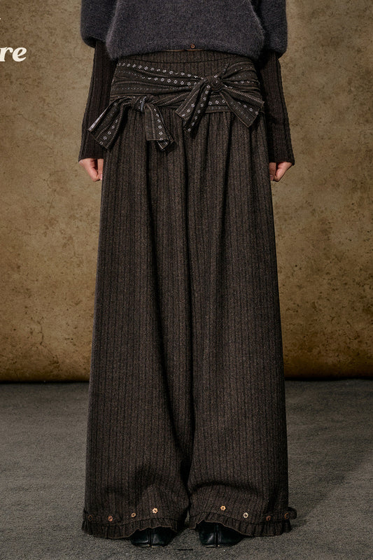 Floral Striped Woolen Wide-Leg Pants