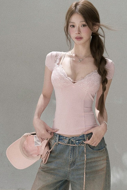 Lace Cuff Deep V-Neck Top