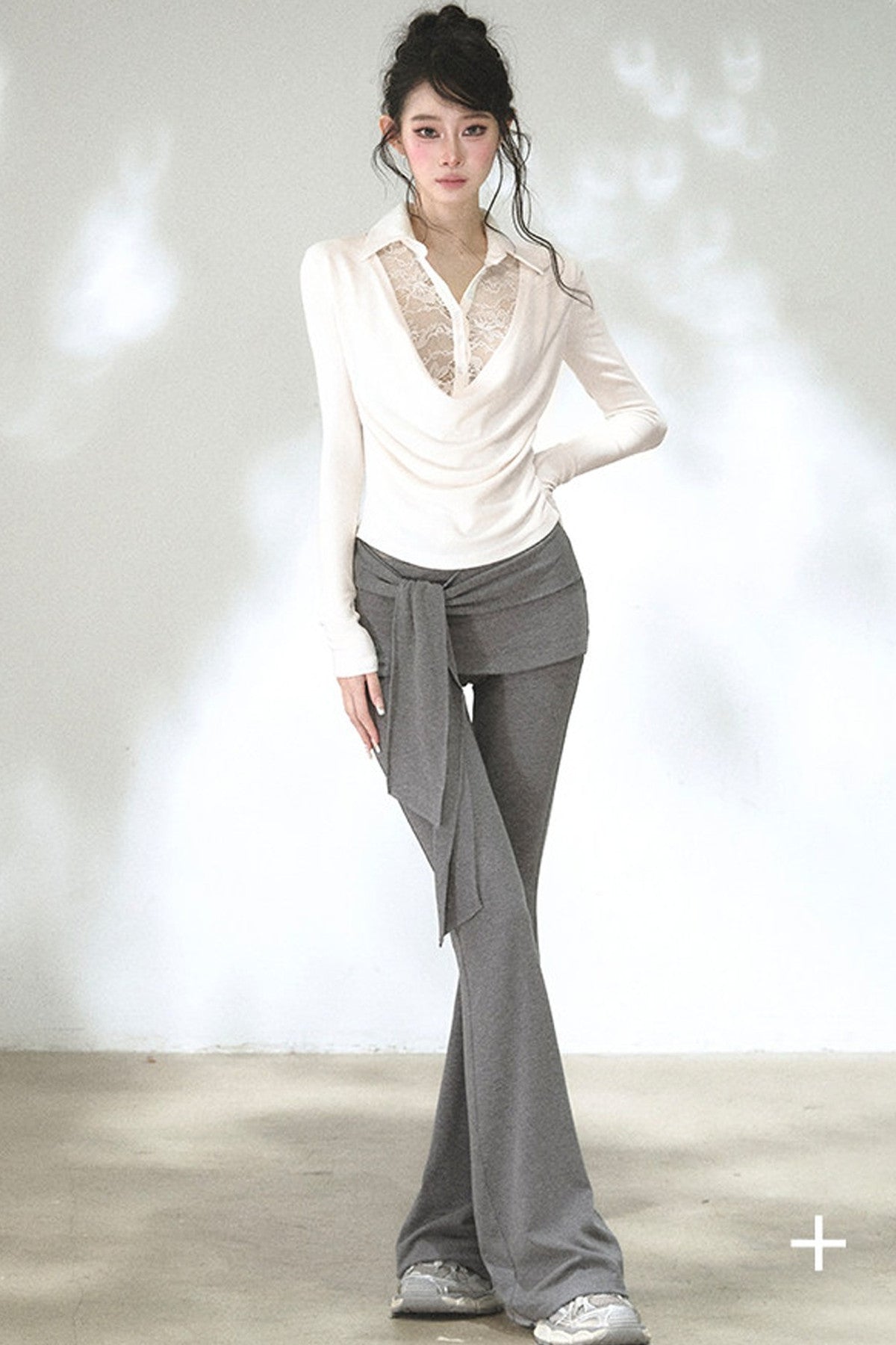 Fold-Over Waist Lace Tie-Up Flared Pants