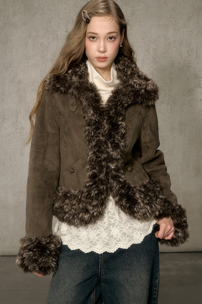 Faux Suede Short Fuzzy Collar Jacket