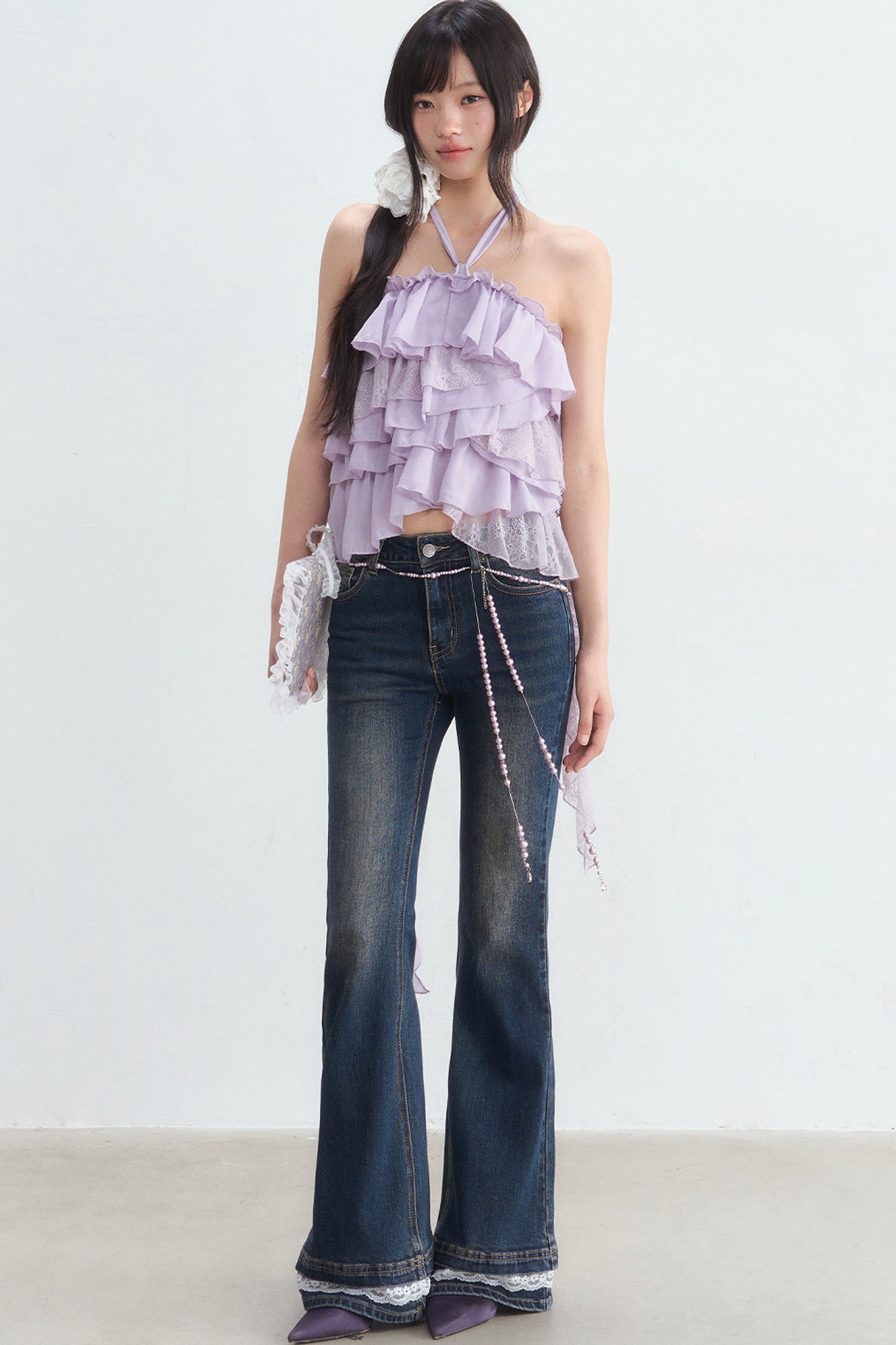 Multi-Layer Ruffle Lace Halter Top and Pants Set