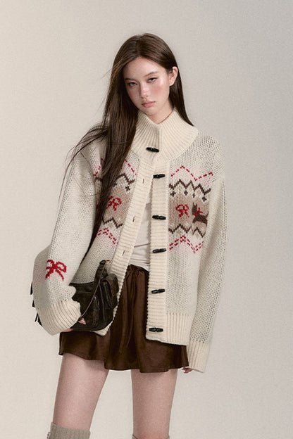 Fair Isle Dog Pattern Wool Cardigan